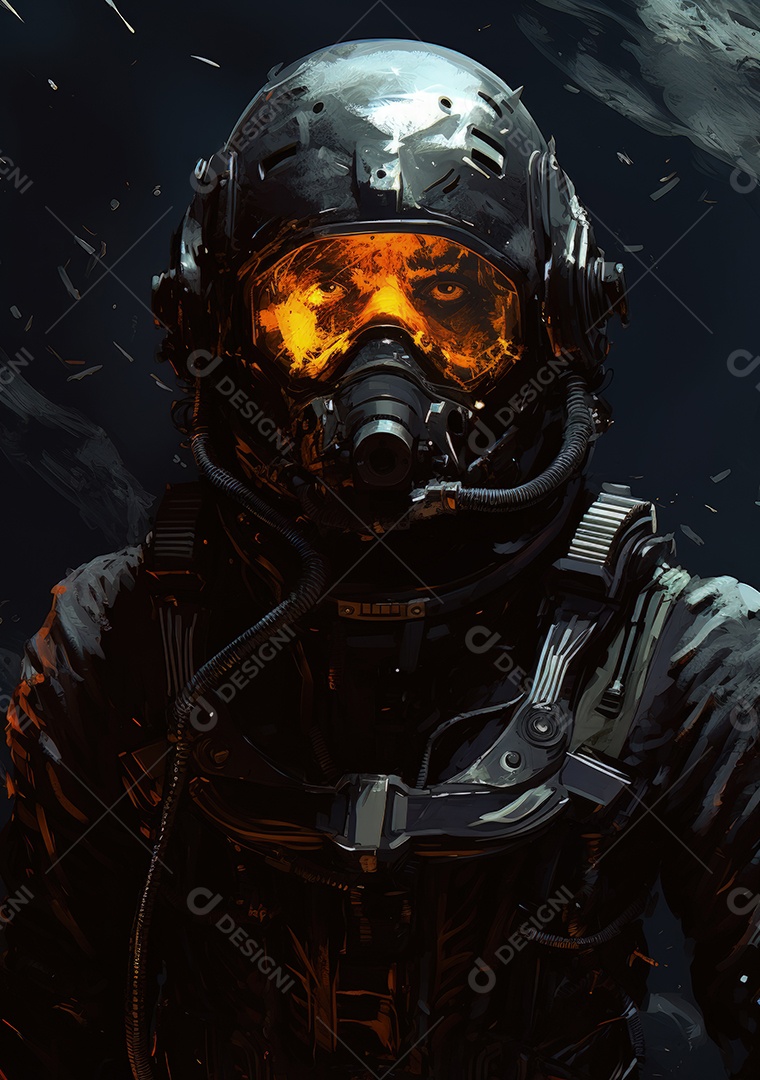 Esqueleto em traje de astronauta flutua em cores