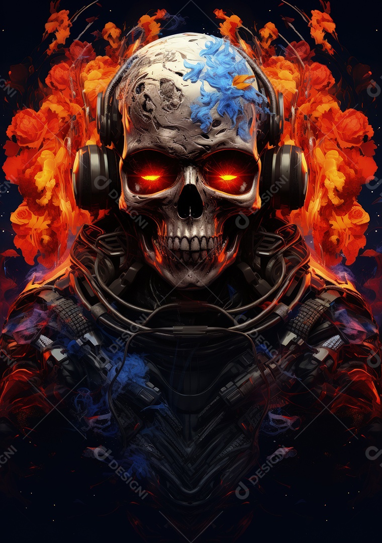 Esqueleto em traje de astronauta flutua em cores