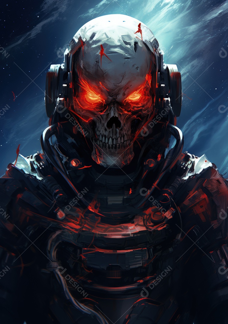 Esqueleto em traje de astronauta flutua em cores