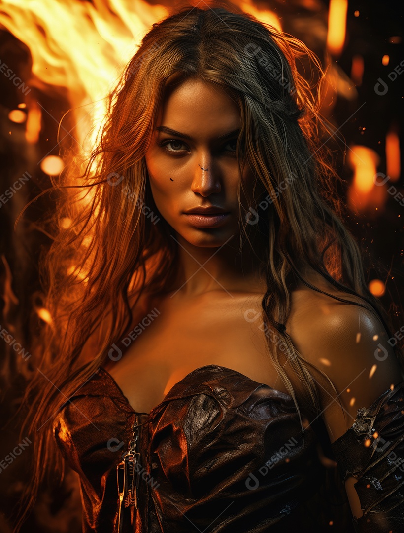 Uma guerreira segurando uma espada atrás do fogo