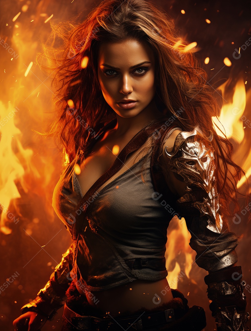 Uma guerreira segurando uma espada atrás do fogo
