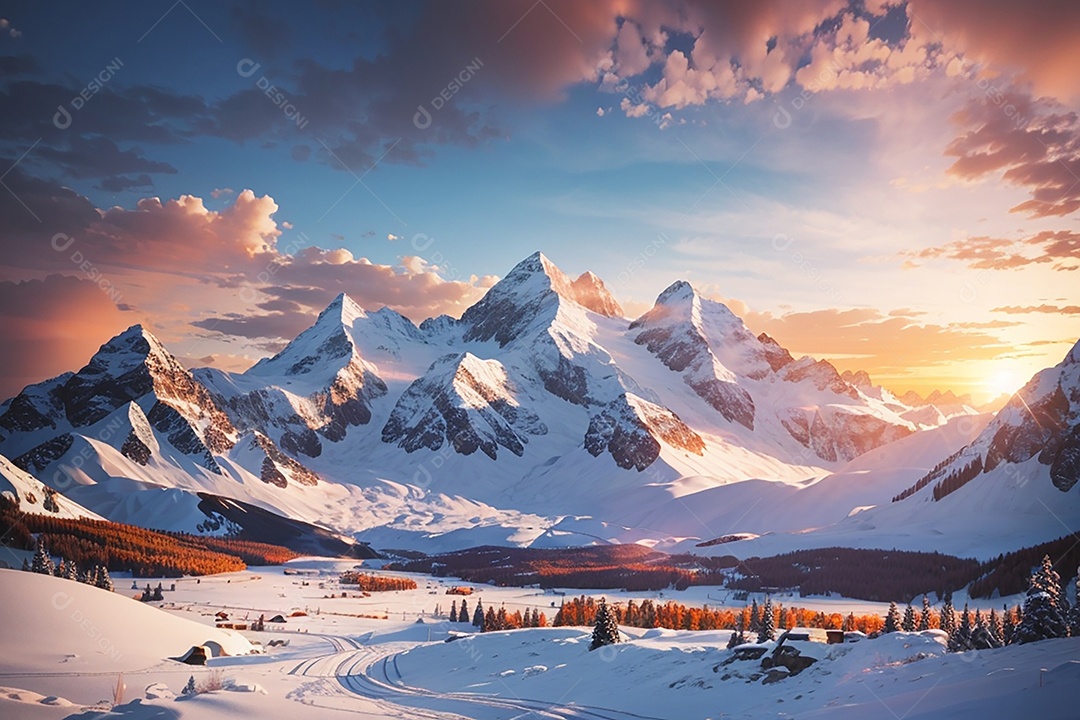 Fundo do pôr do sol da montanha de inverno