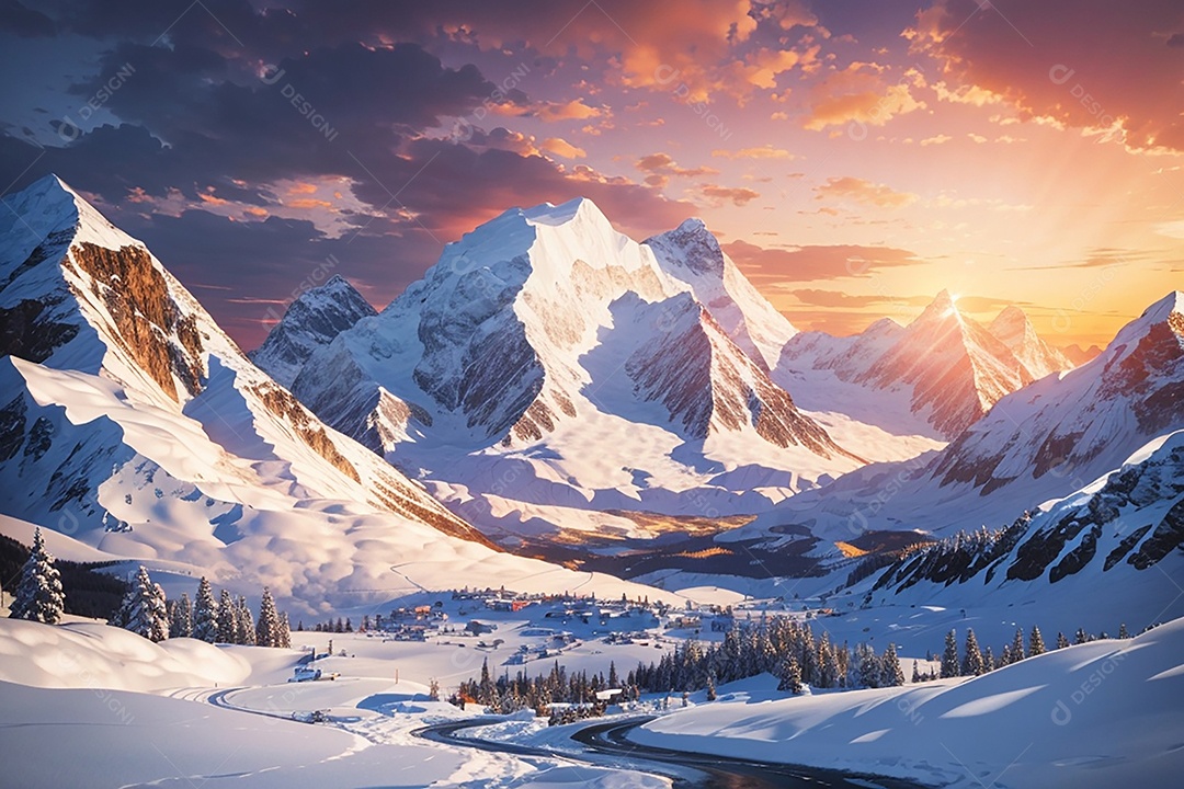 Fundo do pôr do sol da montanha de inverno