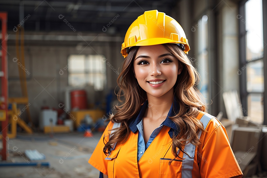 Mulher asiática confiança ação posando construtora sorriso