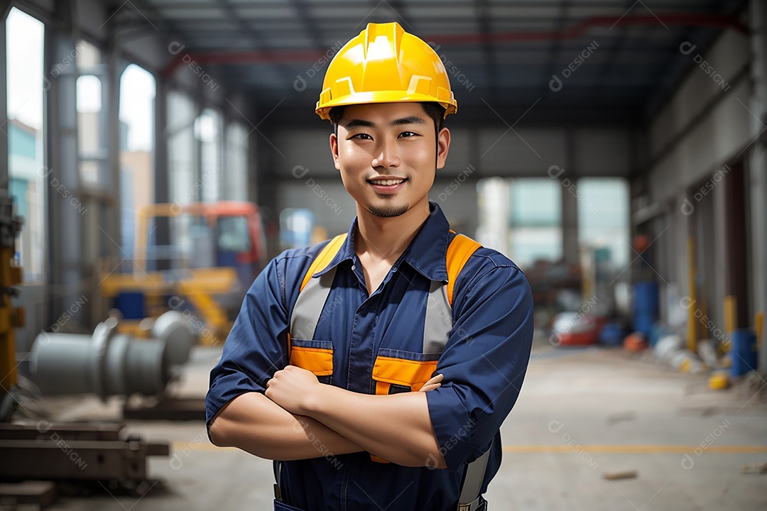 Homem asiático confiança ação posando construtor sorriso