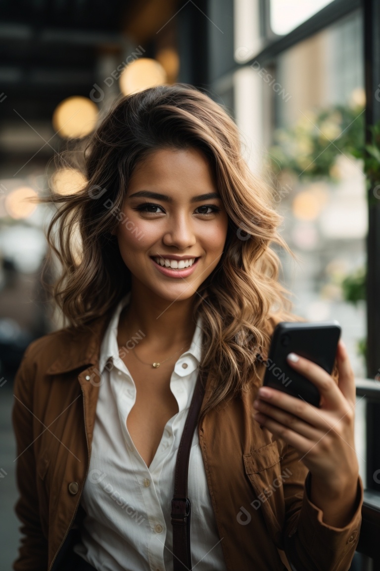 Ação de modelo de garota posando sorrindo usando smartphone