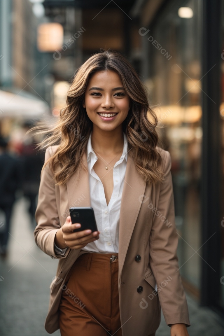 Ação de modelo de garota posando sorrindo usando smartphone