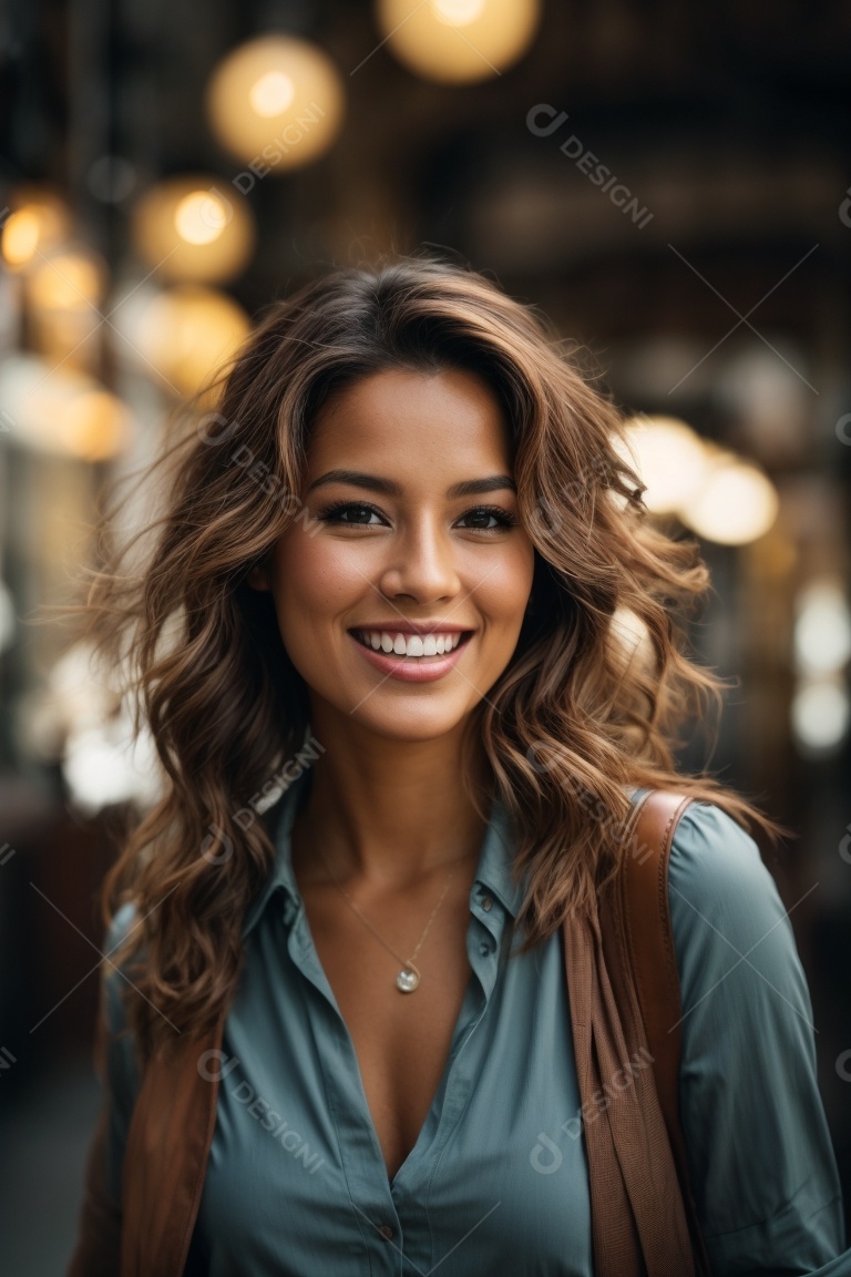 Ação de modelo de garota posando sorrindo usando smartphone