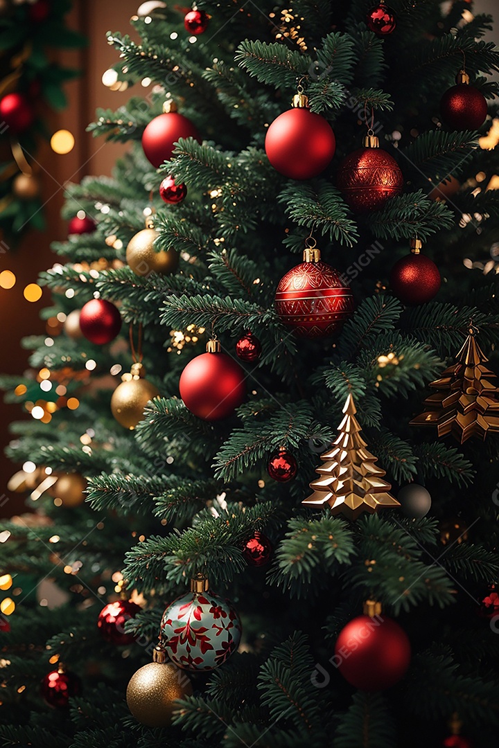 Focar árvore de natal com fundo estrela