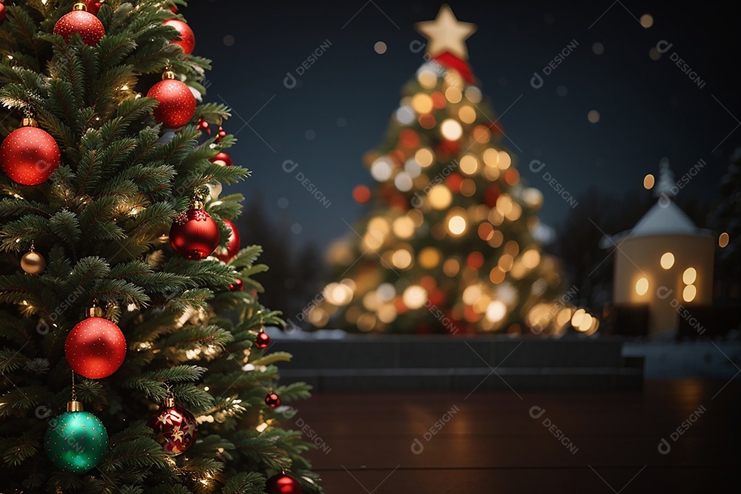 Focar árvore de natal com fundo estrela