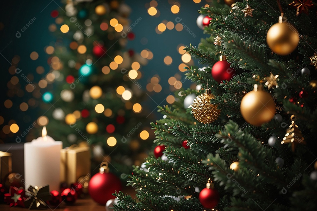 Focar árvore de natal com fundo estrela