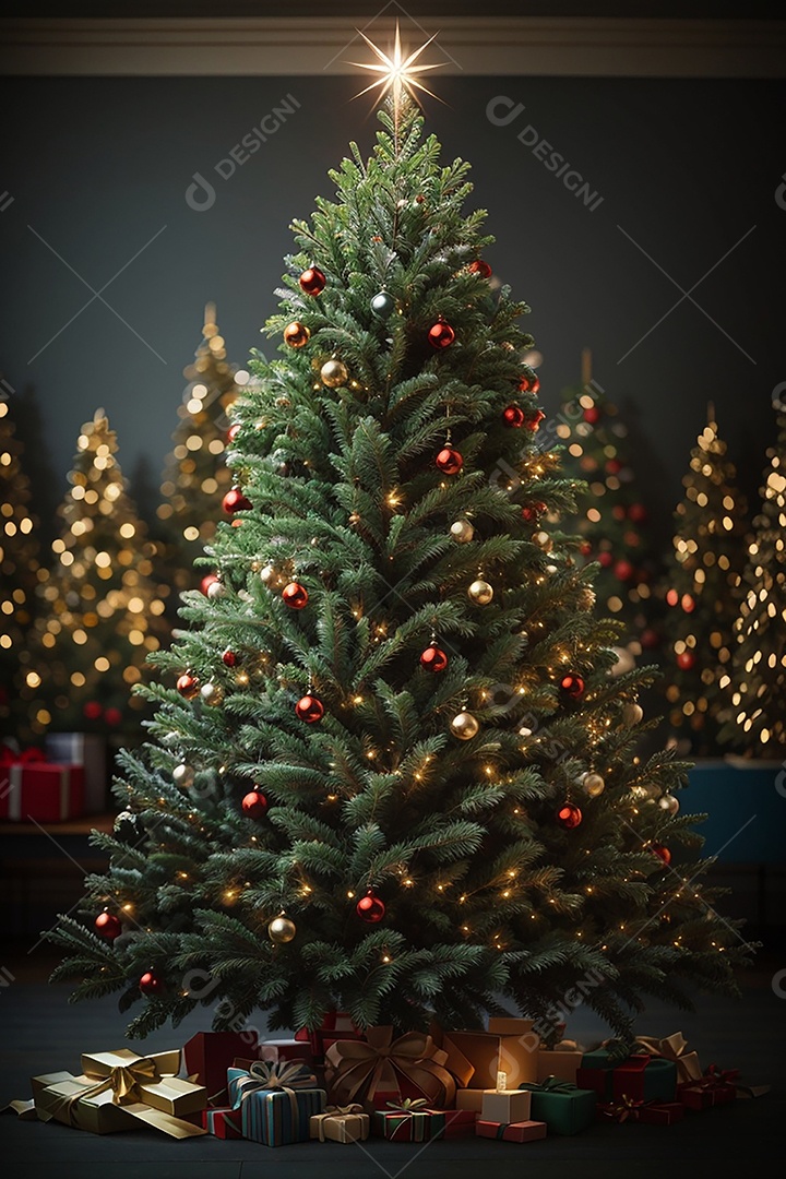 Focar árvore de natal com fundo estrela