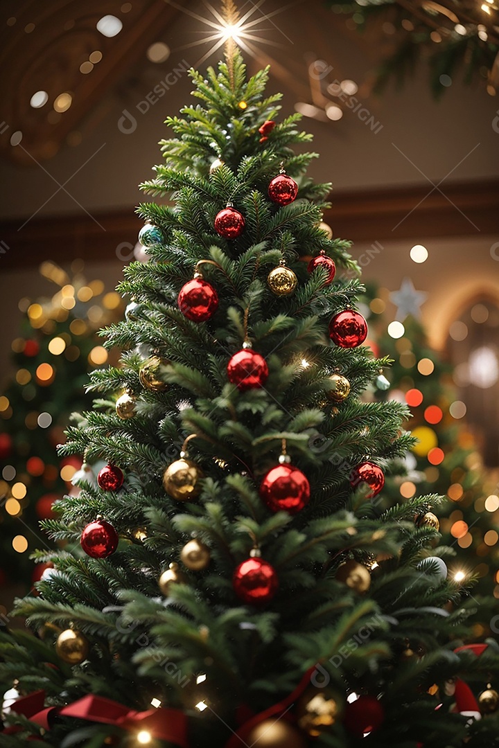 Focar árvore de natal com fundo estrela