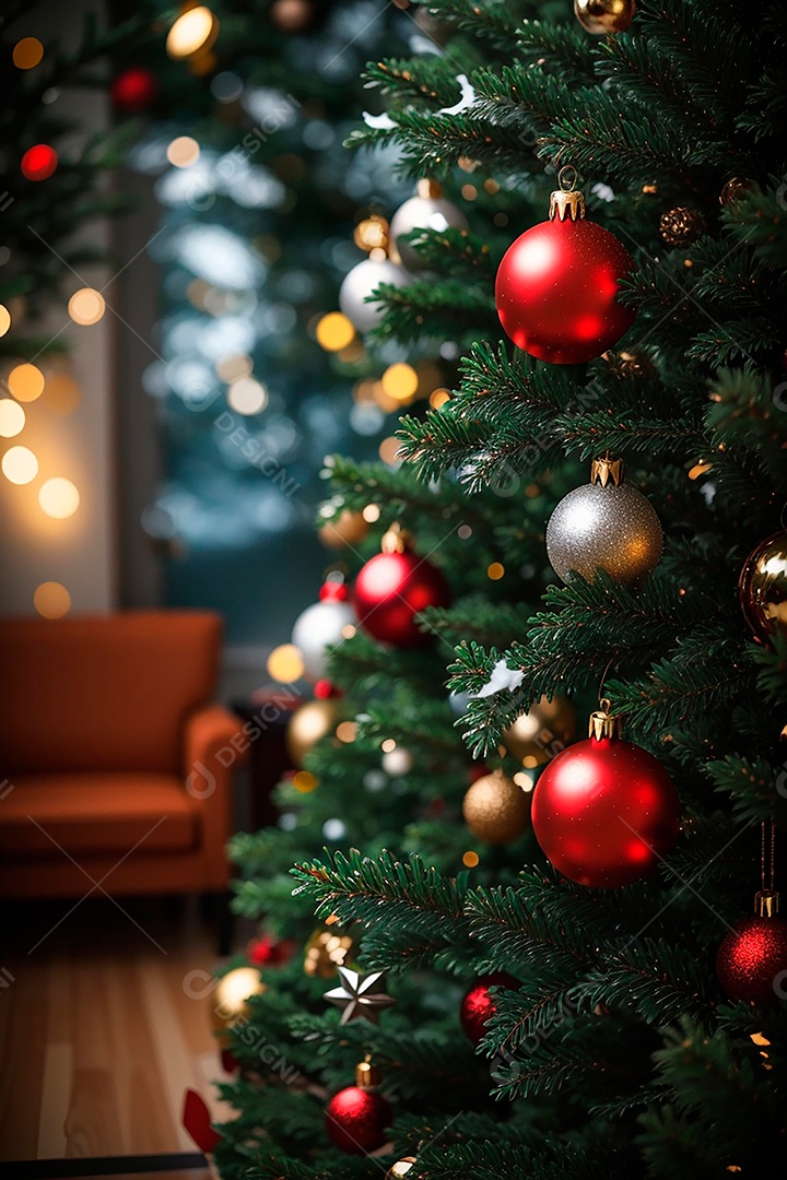 Focar árvore de natal com fundo estrela