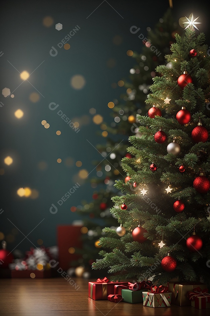 Focar árvore de natal com fundo estrela