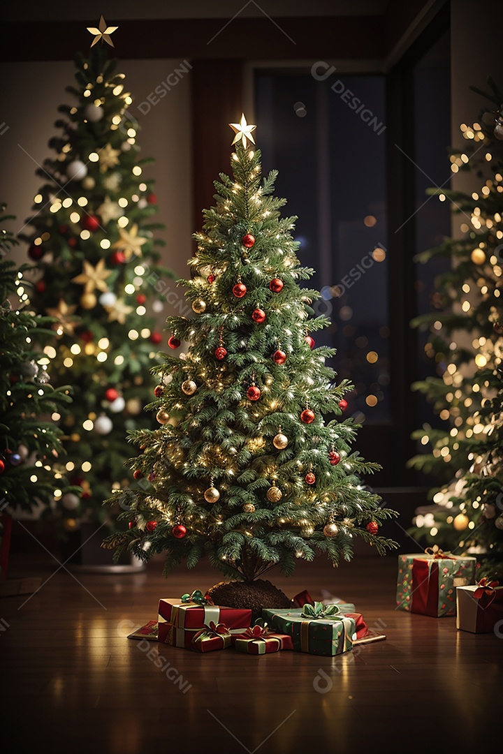 Focar árvore de natal com fundo estrela