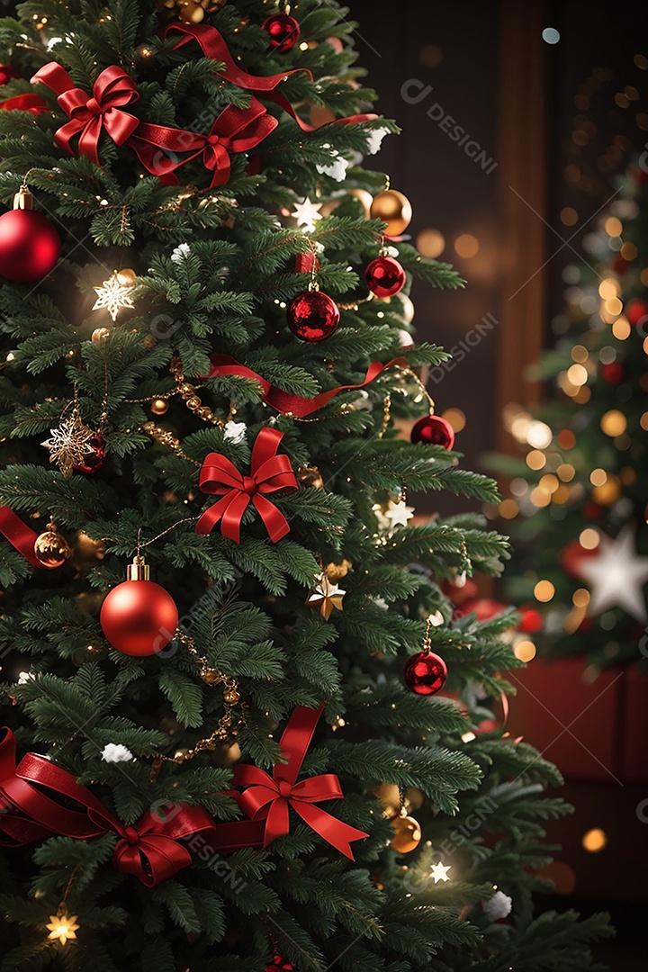 Focar árvore de natal com fundo estrela