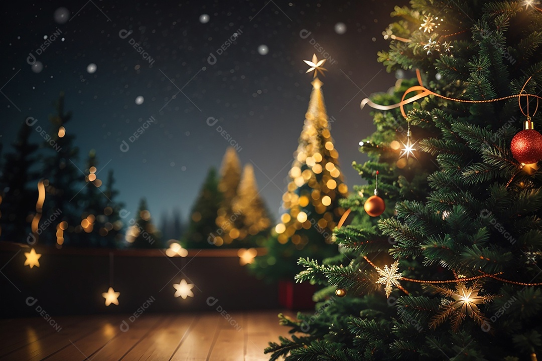 Focar árvore de natal com fundo estrela