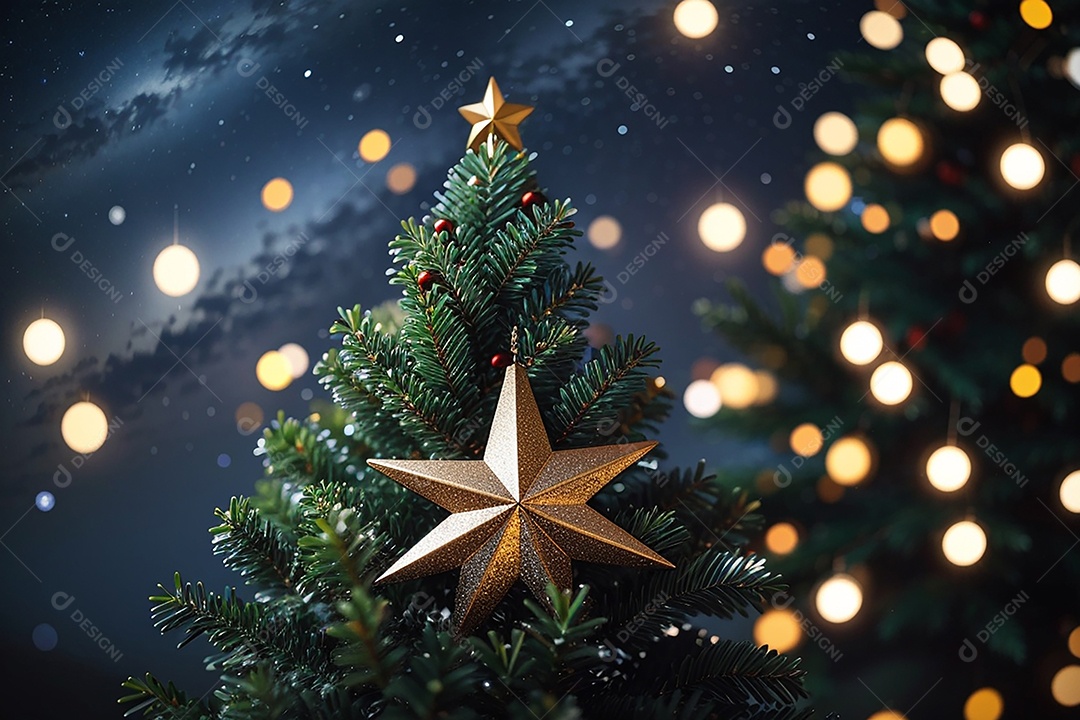 Focar árvore de natal com fundo estrela