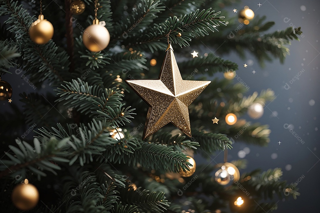 Focar árvore de natal com fundo estrela