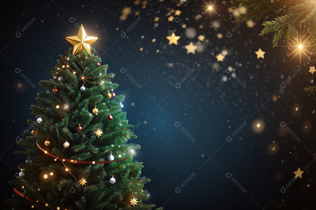 Focar árvore de natal com fundo estrela