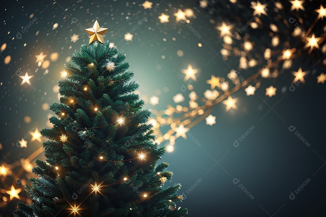 Focar árvore de natal com fundo estrela