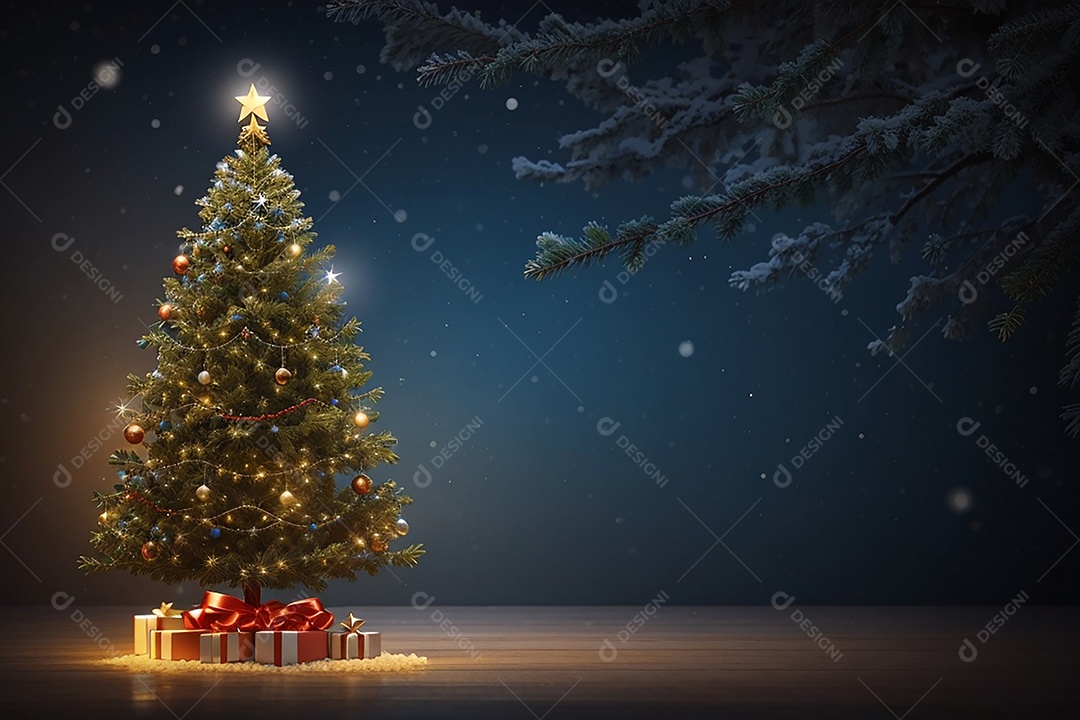 Focar árvore de natal com fundo estrela