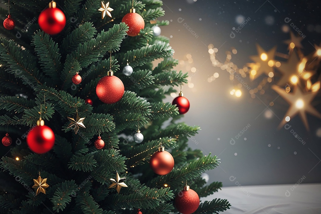 Focar árvore de natal com fundo estrela