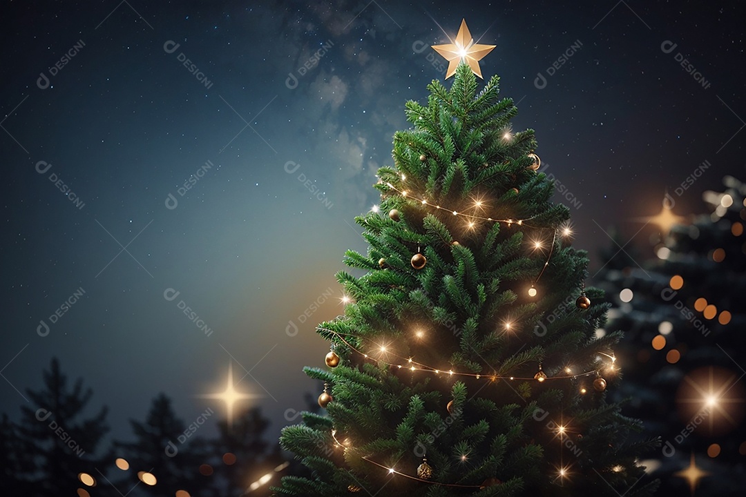Focar árvore de natal com fundo estrela