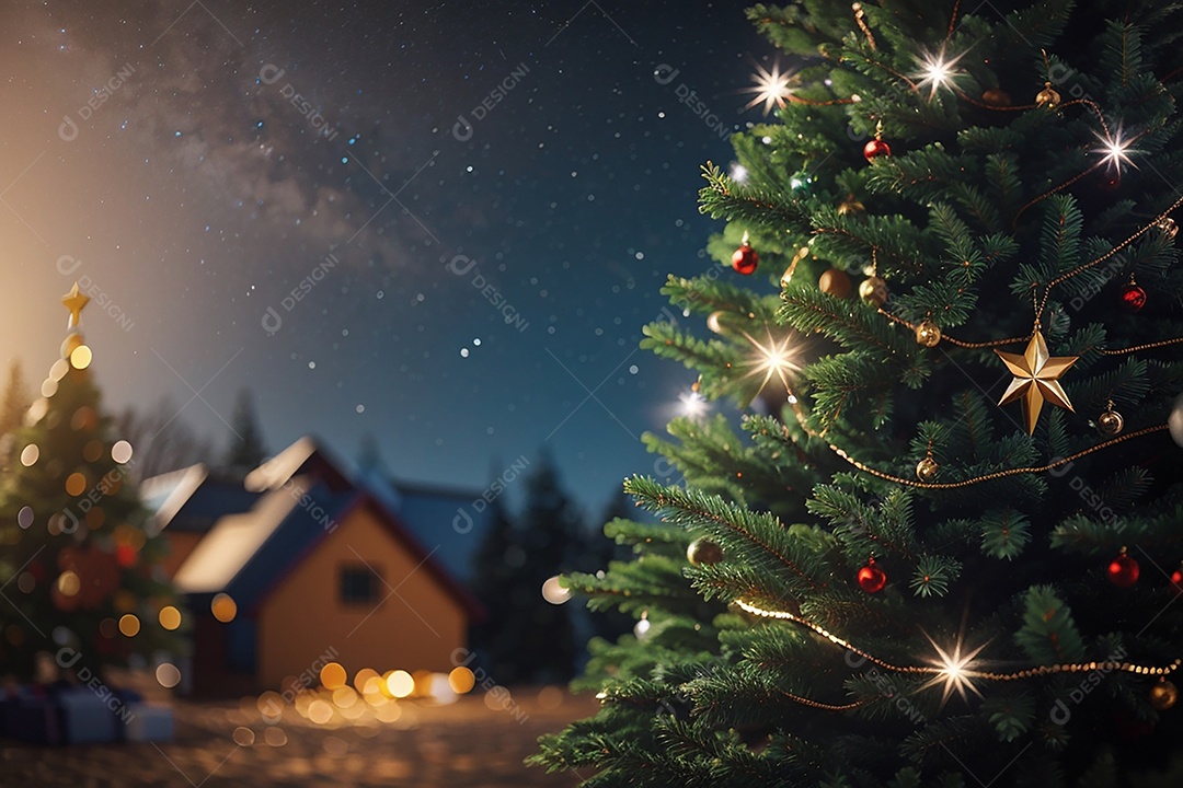 Focar árvore de natal com fundo estrela