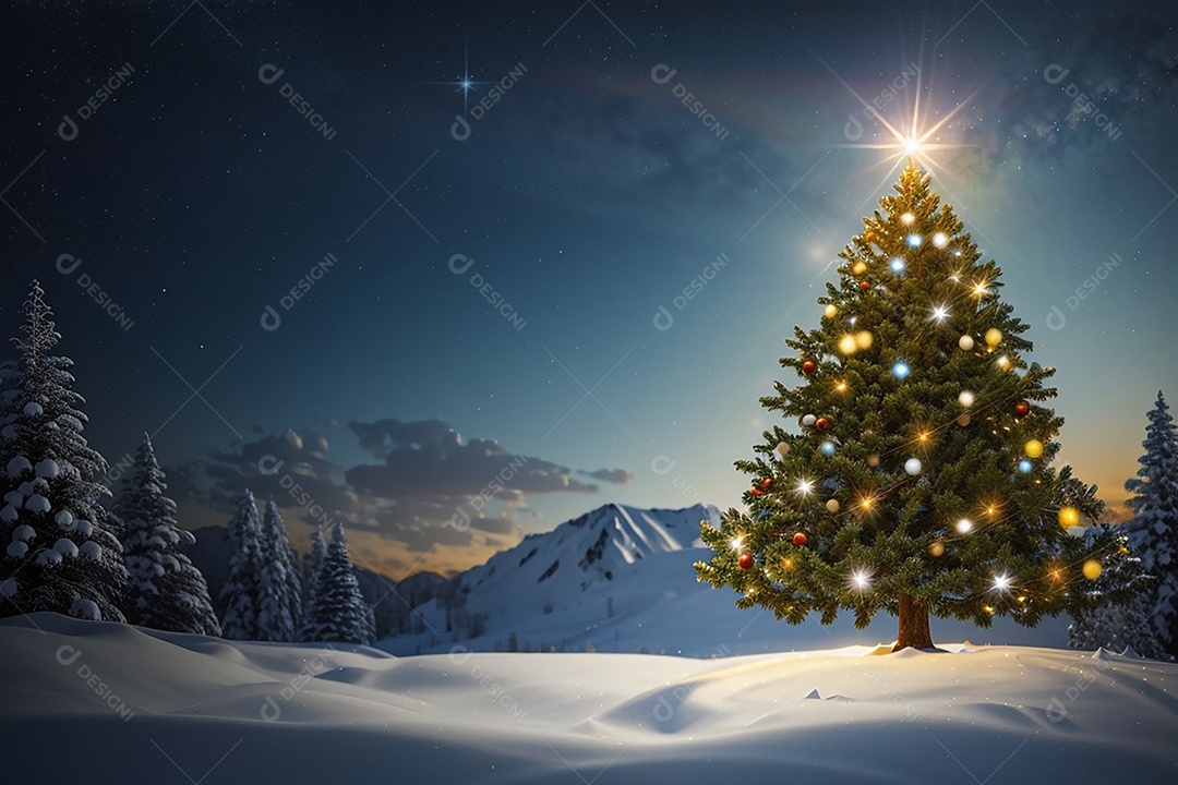 Focar árvore de natal com fundo estrela