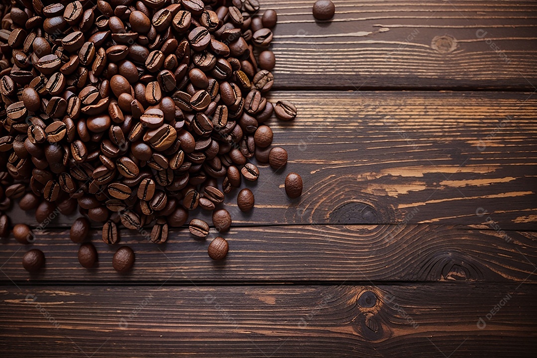 Vista superior de grãos de café torrados na mesa de madeira