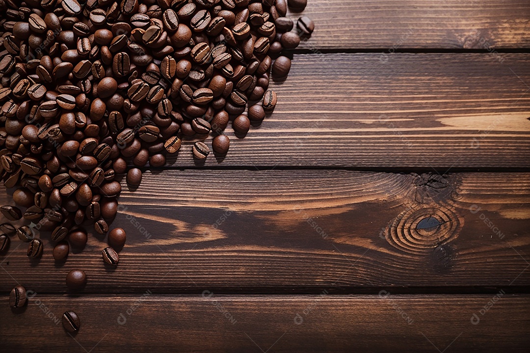 Vista superior de grãos de café torrados na mesa de madeira