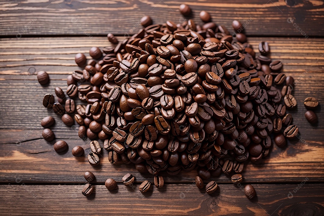 Vista superior de grãos de café torrados na mesa de madeira