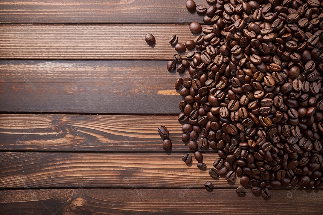Vista superior de grãos de café torrados na mesa de madeira