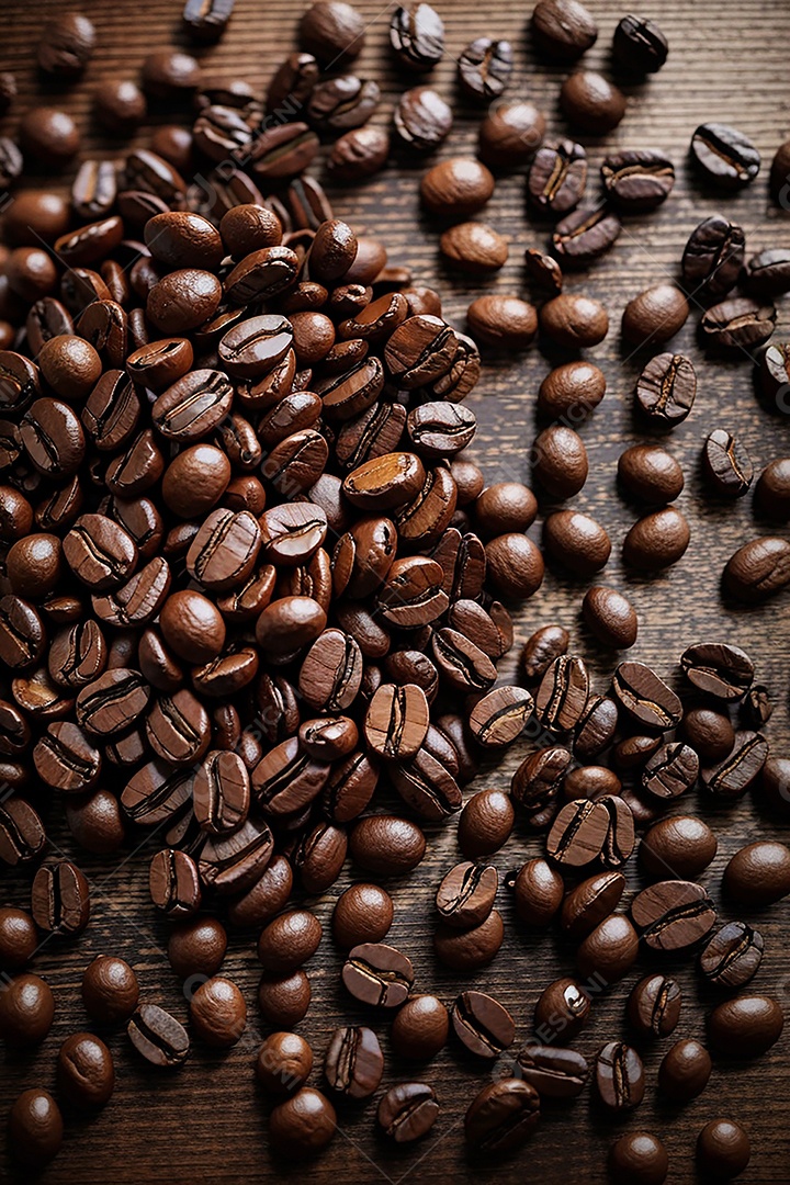 Vista superior de grãos de café torrados na mesa de madeira