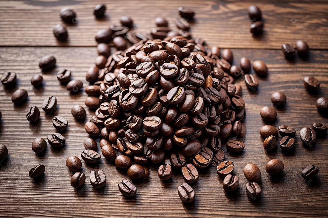 Vista superior de grãos de café torrados na mesa de madeira