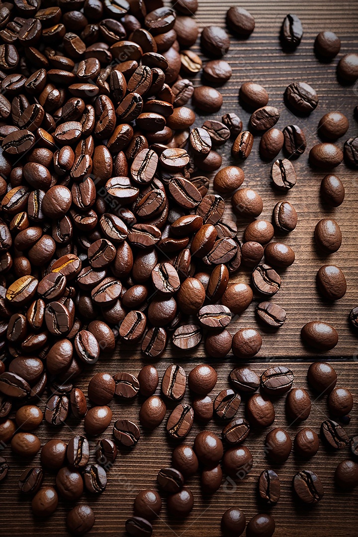 Vista superior de grãos de café torrados na mesa de madeira