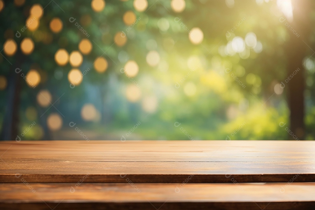 Mesa de madeira vazia fundo claro desfocado
