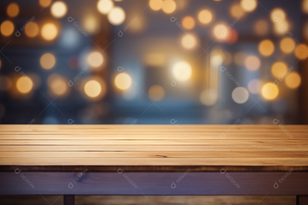 Mesa de madeira vazia fundo claro desfocado
