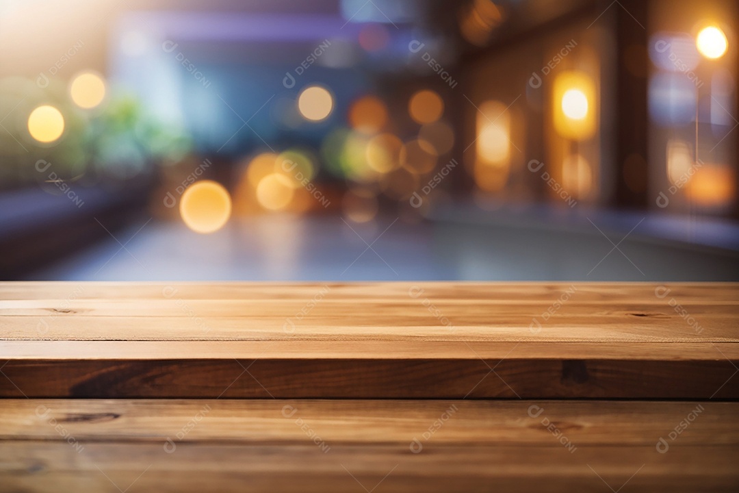 Mesa de madeira vazia fundo claro desfocado