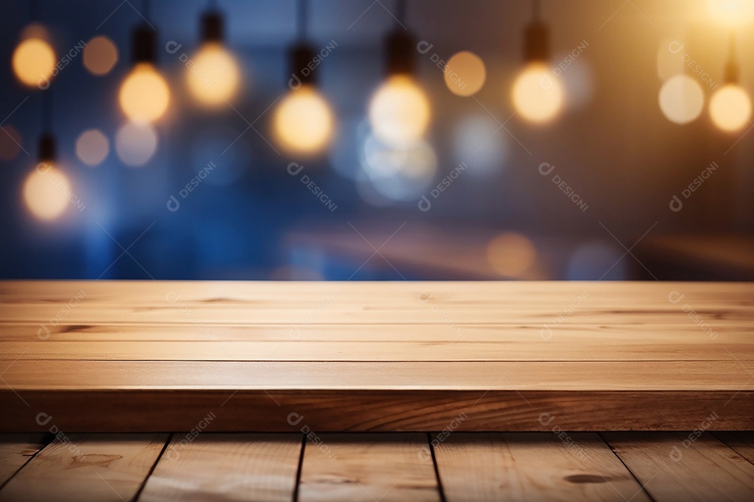 Mesa de madeira vazia fundo claro desfocado