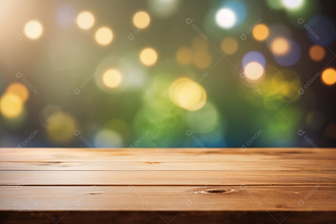 Mesa de madeira vazia fundo claro desfocado
