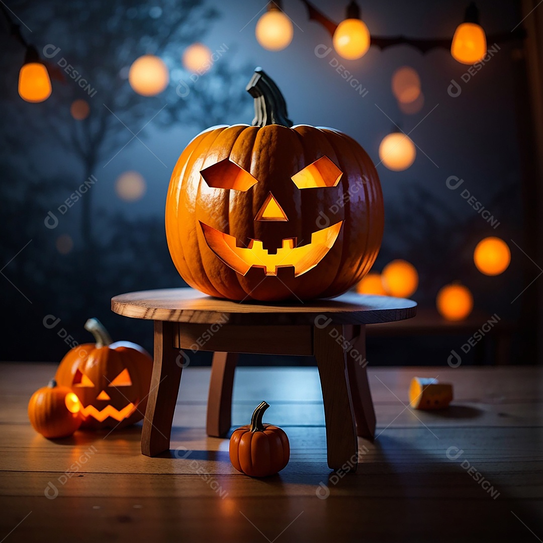 Abóbora brilhante de halloween mesa de madeira vazia