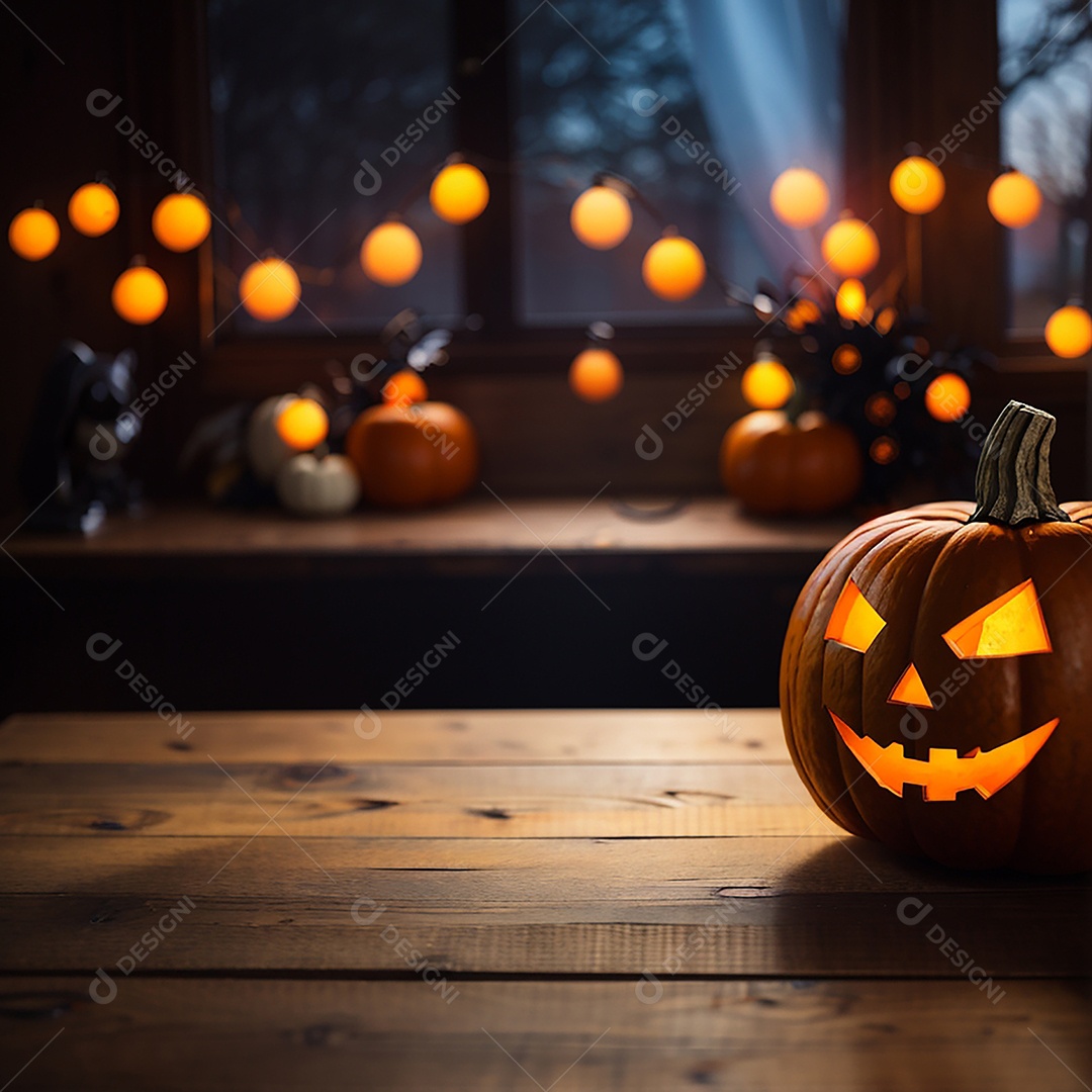 Abóbora brilhante de halloween mesa de madeira vazia