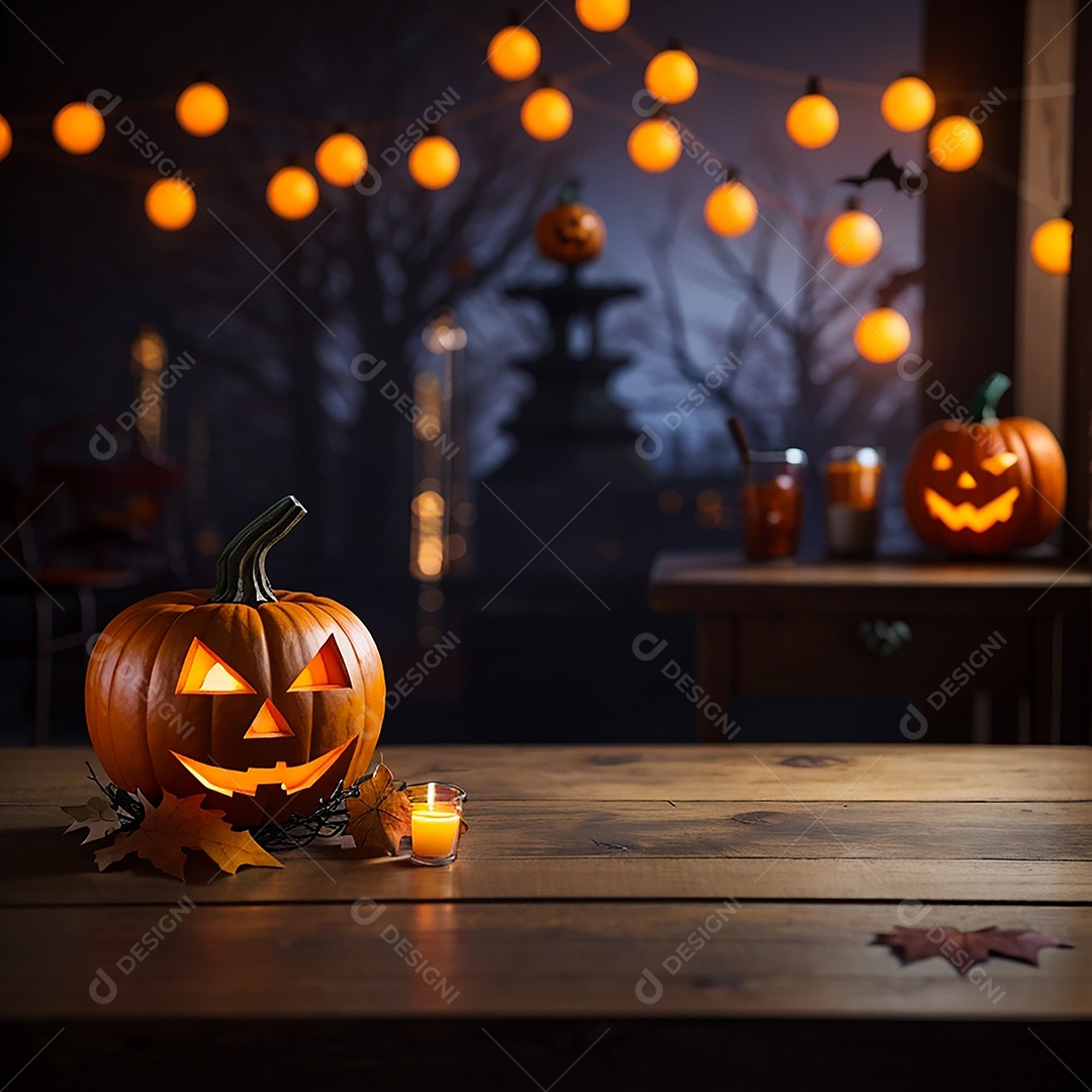 Abóbora brilhante de halloween mesa de madeira vazia