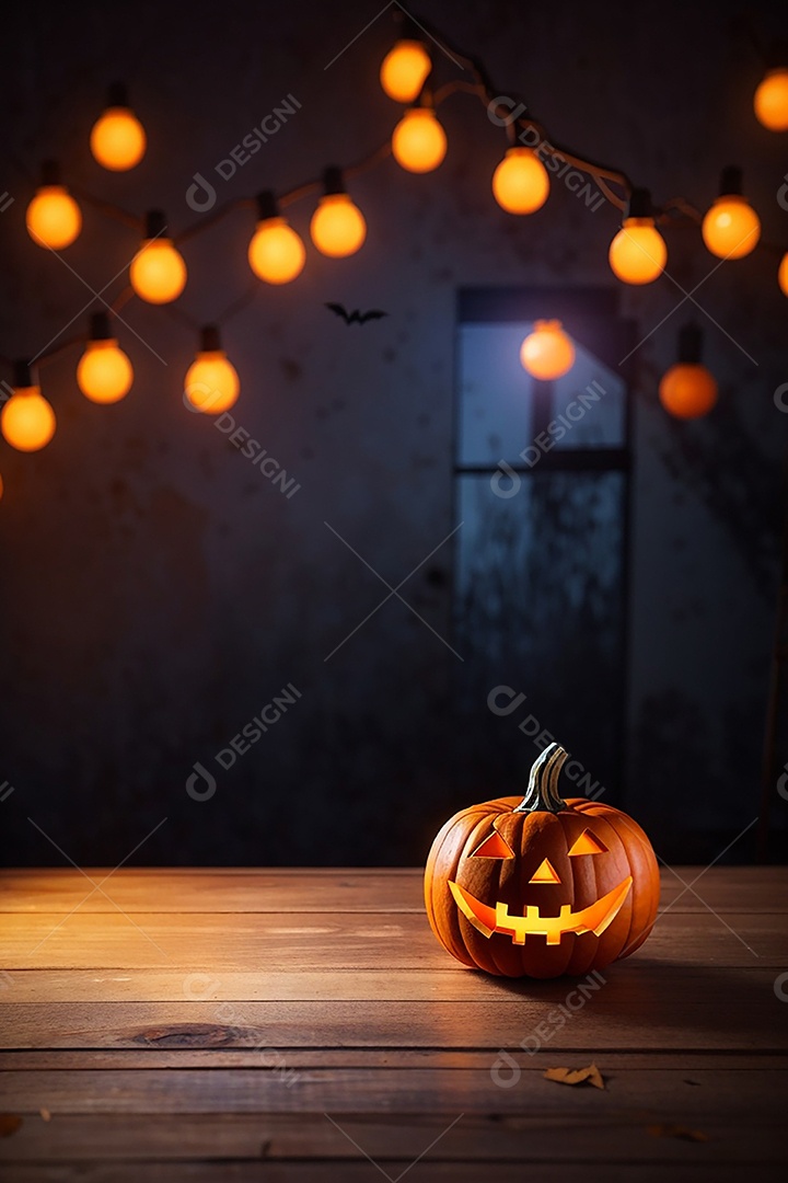 Abóbora brilhante de halloween mesa de madeira vazia