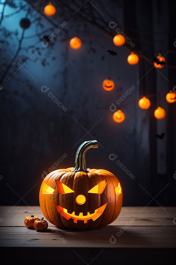 Abóbora brilhante de halloween mesa de madeira vazia