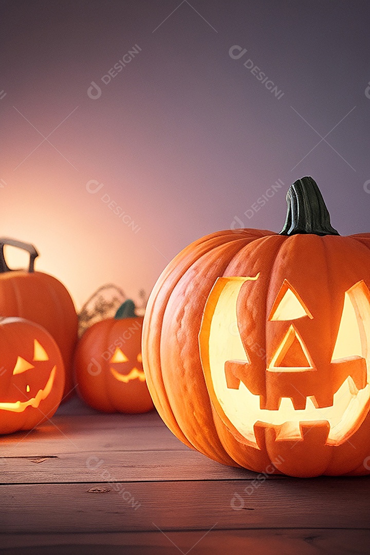 Abóbora brilhante de halloween mesa de madeira vazia