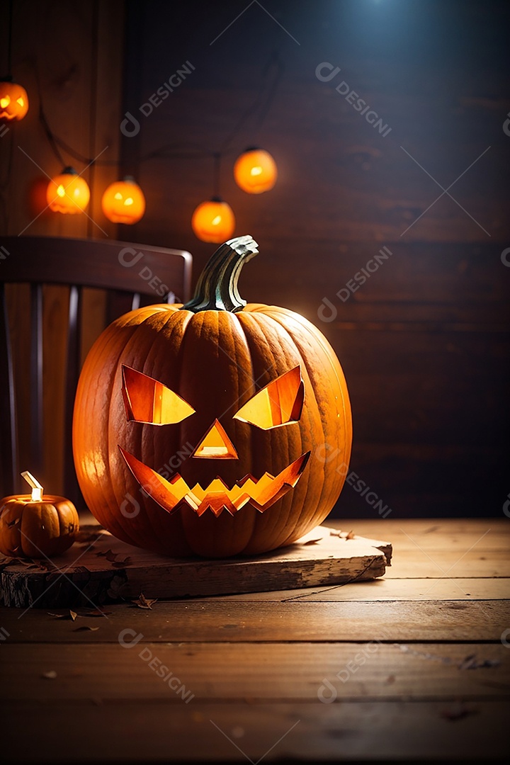 Abóbora brilhante de halloween mesa de madeira vazia